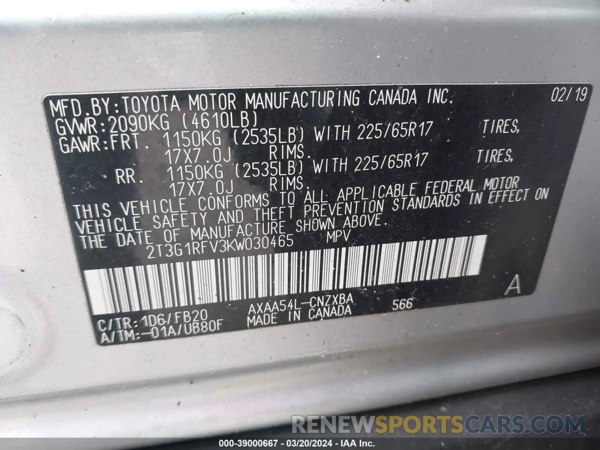 9 Photograph of a damaged car 2T3G1RFV3KW030465 TOYOTA RAV4 2019