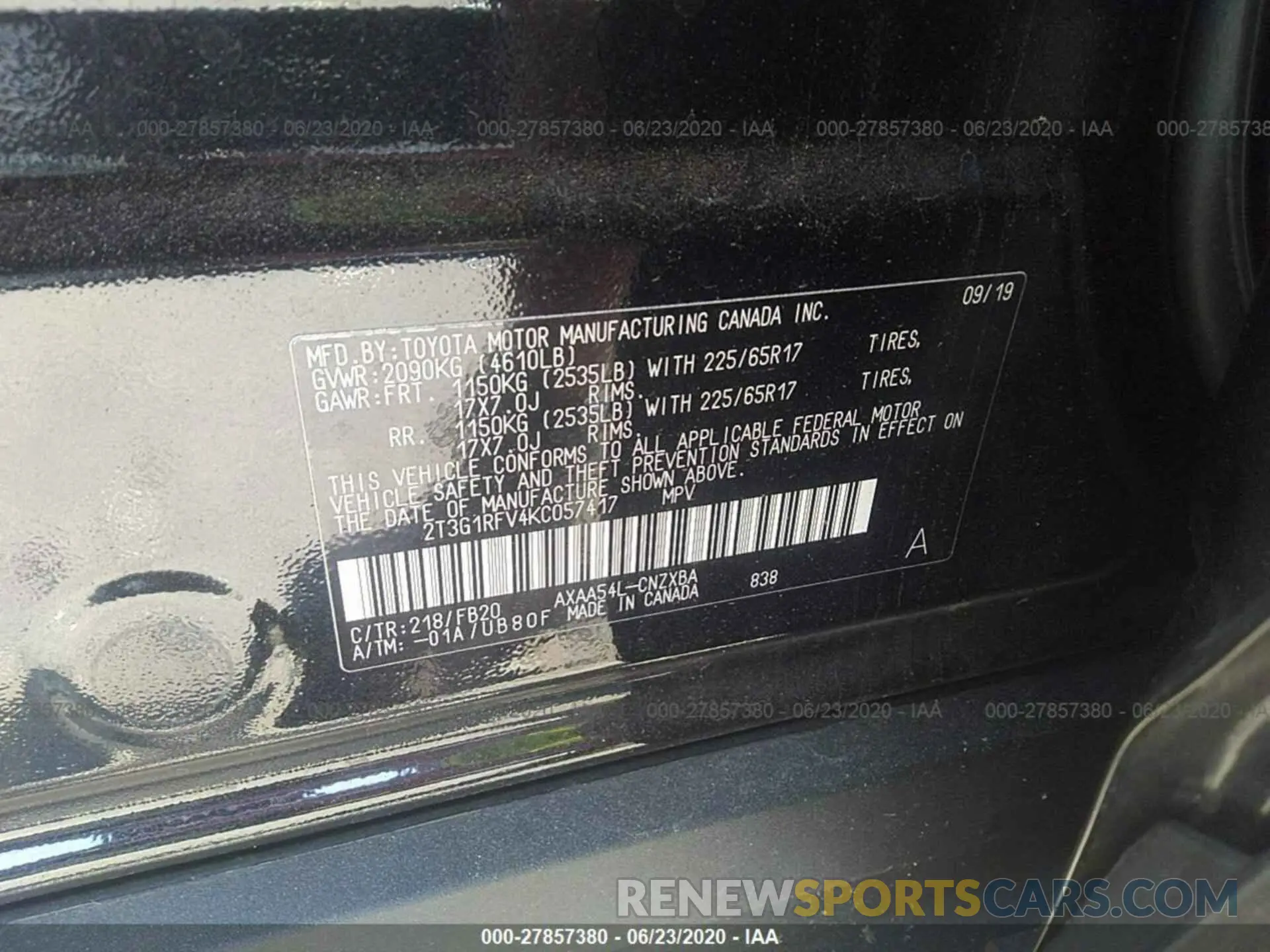 9 Photograph of a damaged car 2T3G1RFV4KC057417 TOYOTA RAV4 2019