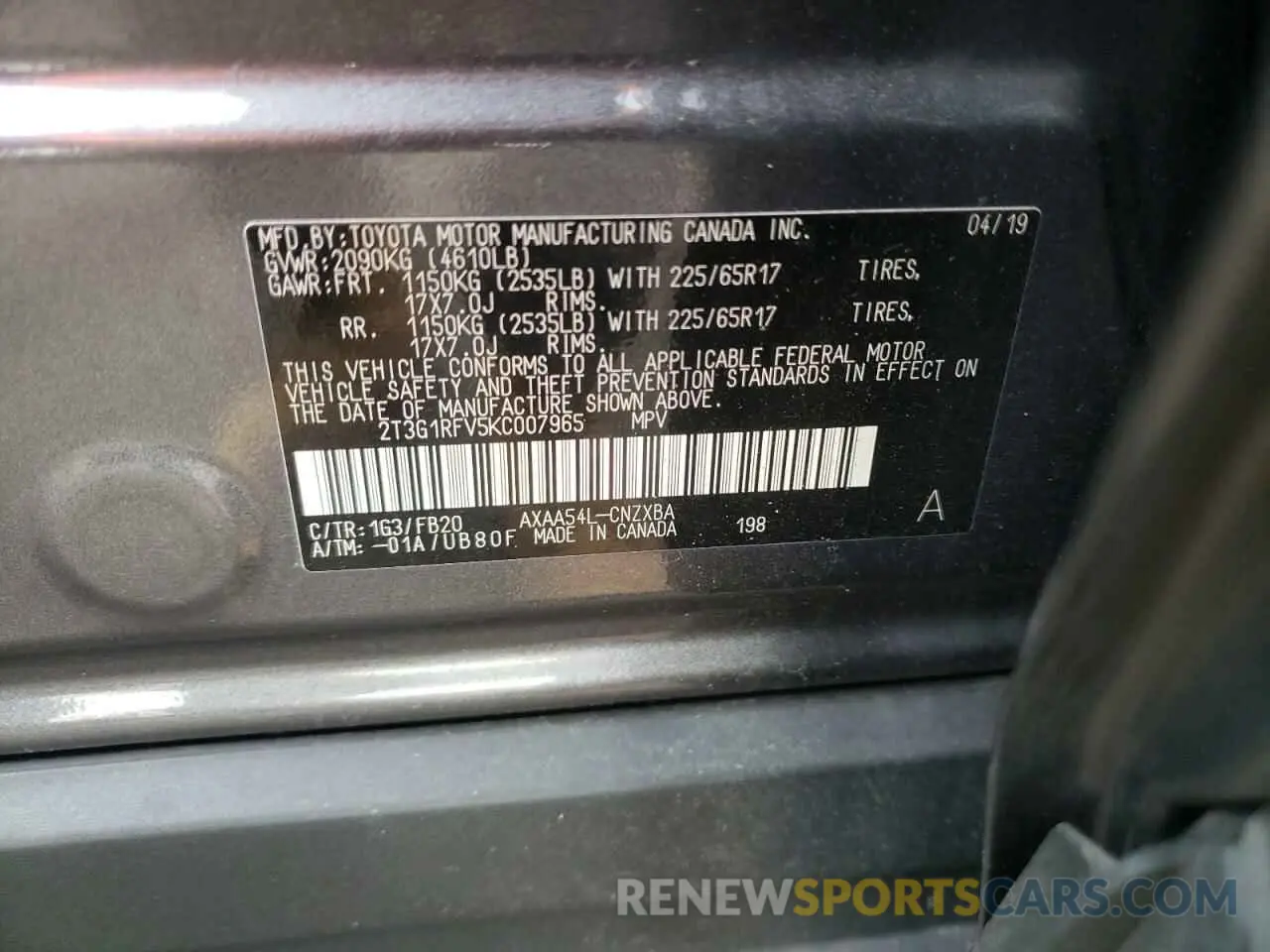 10 Photograph of a damaged car 2T3G1RFV5KC007965 TOYOTA RAV4 2019