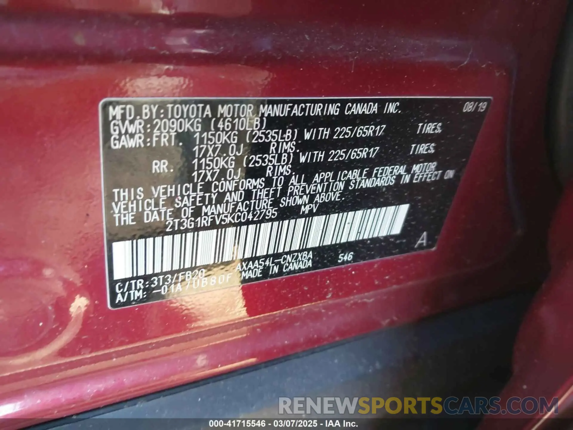 9 Photograph of a damaged car 2T3G1RFV5KC042795 TOYOTA RAV4 2019
