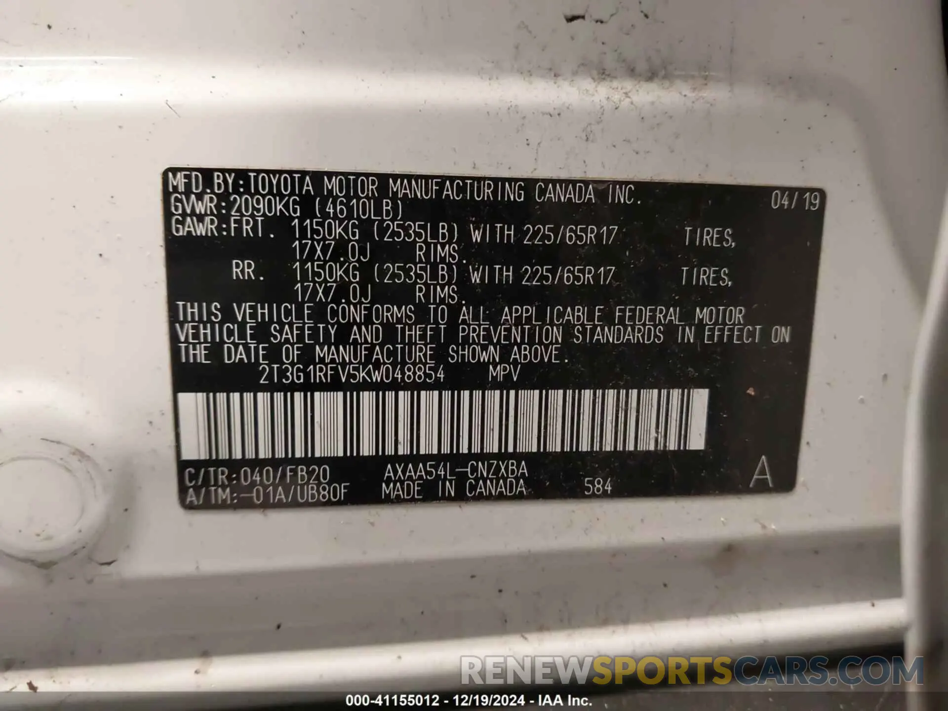 9 Photograph of a damaged car 2T3G1RFV5KW048854 TOYOTA RAV4 2019