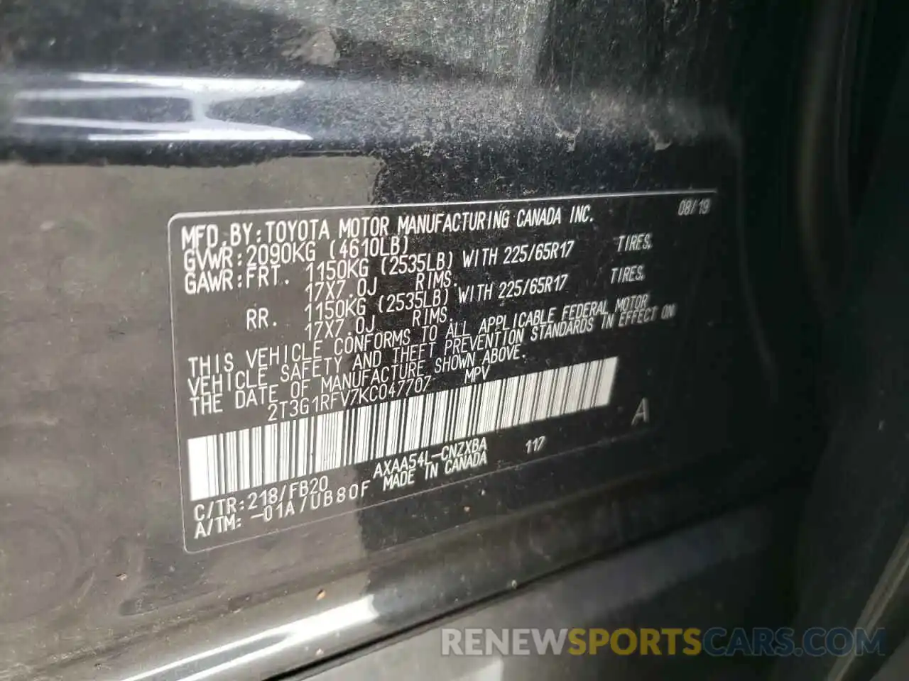 10 Photograph of a damaged car 2T3G1RFV7KC047707 TOYOTA RAV4 2019