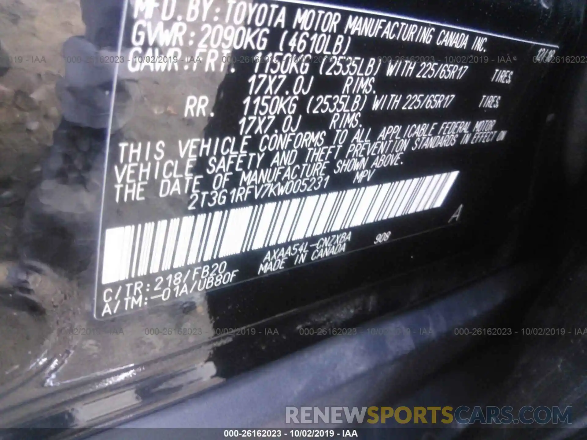 9 Photograph of a damaged car 2T3G1RFV7KW005231 TOYOTA RAV4 2019