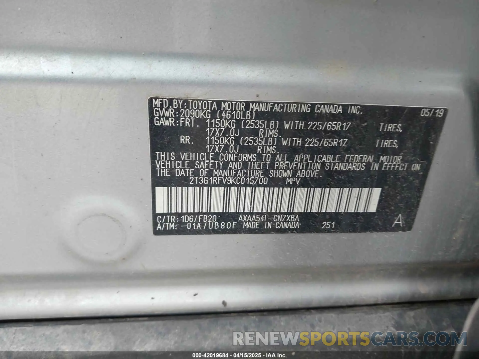 9 Photograph of a damaged car 2T3G1RFV9KC015700 TOYOTA RAV4 2019