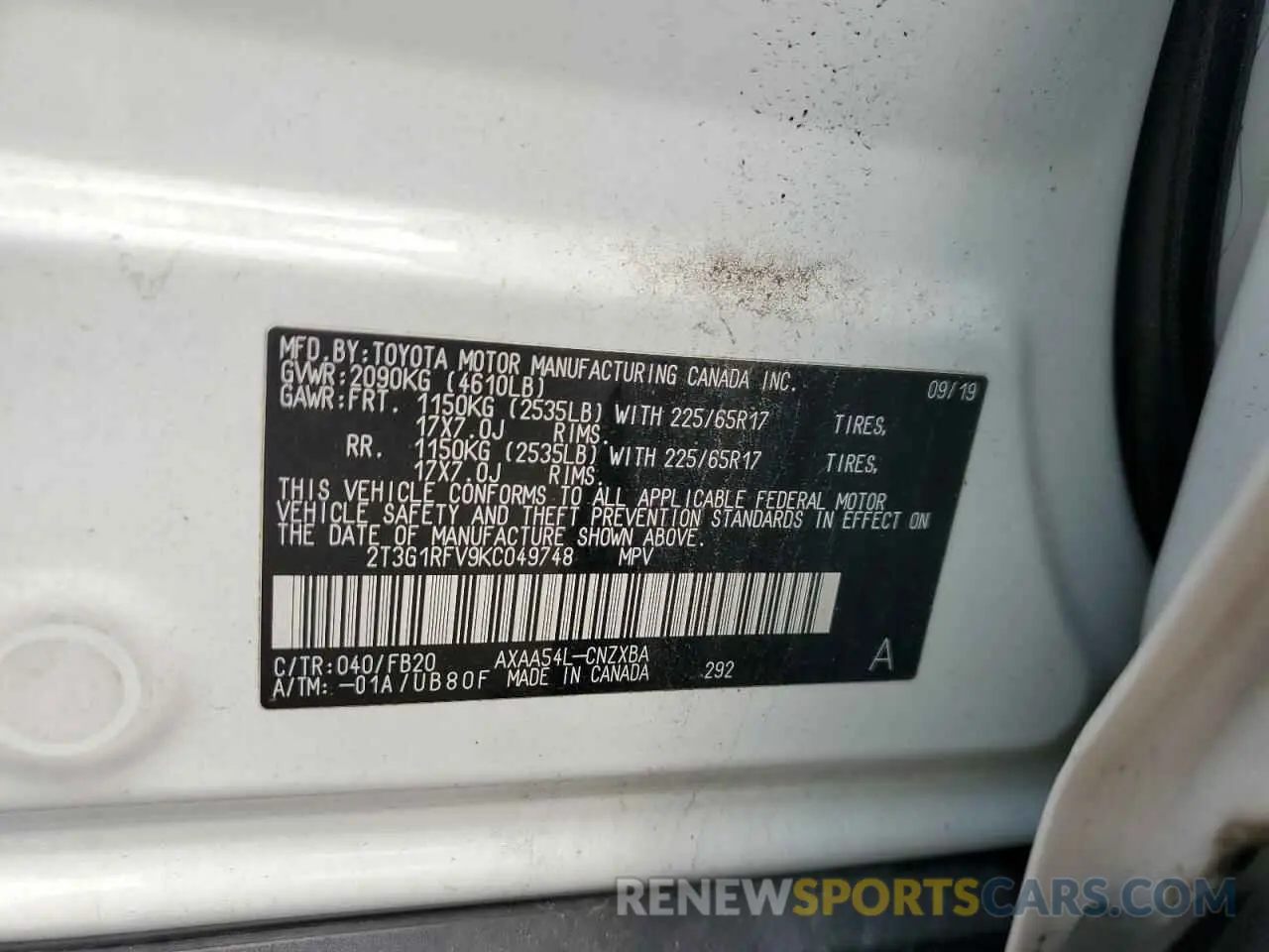 13 Photograph of a damaged car 2T3G1RFV9KC049748 TOYOTA RAV4 2019