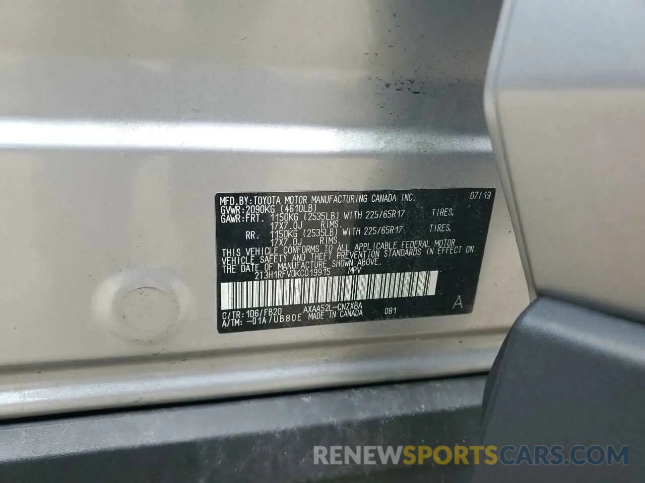 13 Photograph of a damaged car 2T3H1RFV0KC019915 TOYOTA RAV4 2019