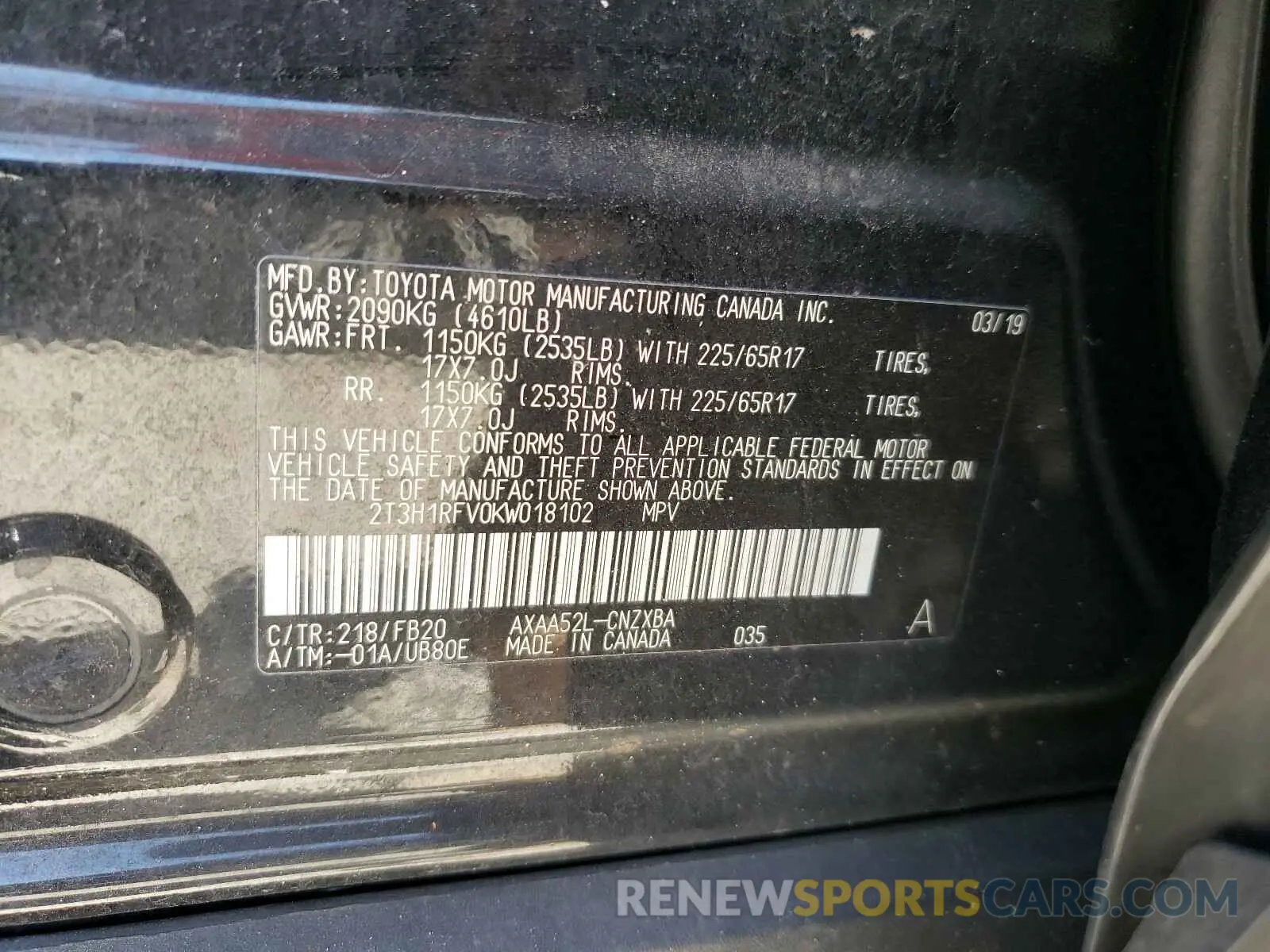 10 Photograph of a damaged car 2T3H1RFV0KW018102 TOYOTA RAV4 2019