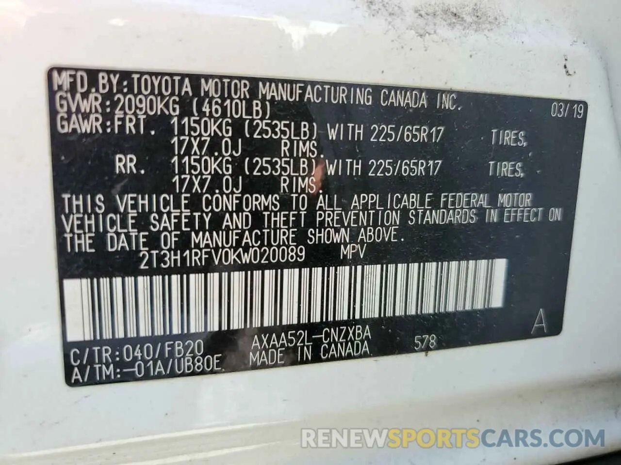 14 Photograph of a damaged car 2T3H1RFV0KW020089 TOYOTA RAV4 2019