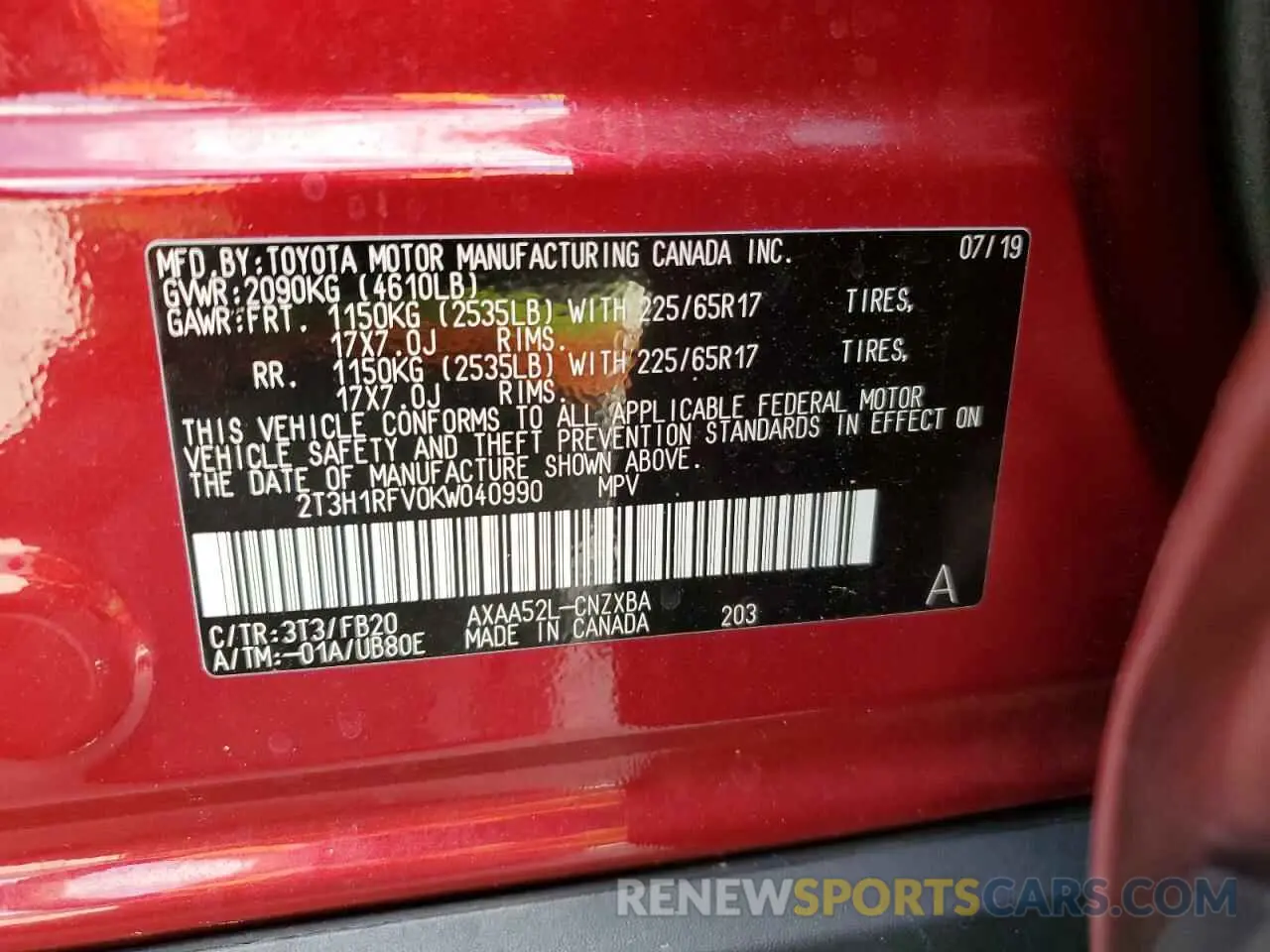 14 Photograph of a damaged car 2T3H1RFV0KW040990 TOYOTA RAV4 2019