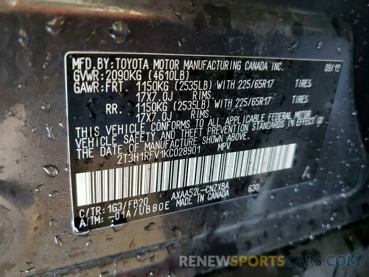 13 Photograph of a damaged car 2T3H1RFV1KC028901 TOYOTA RAV4 2019