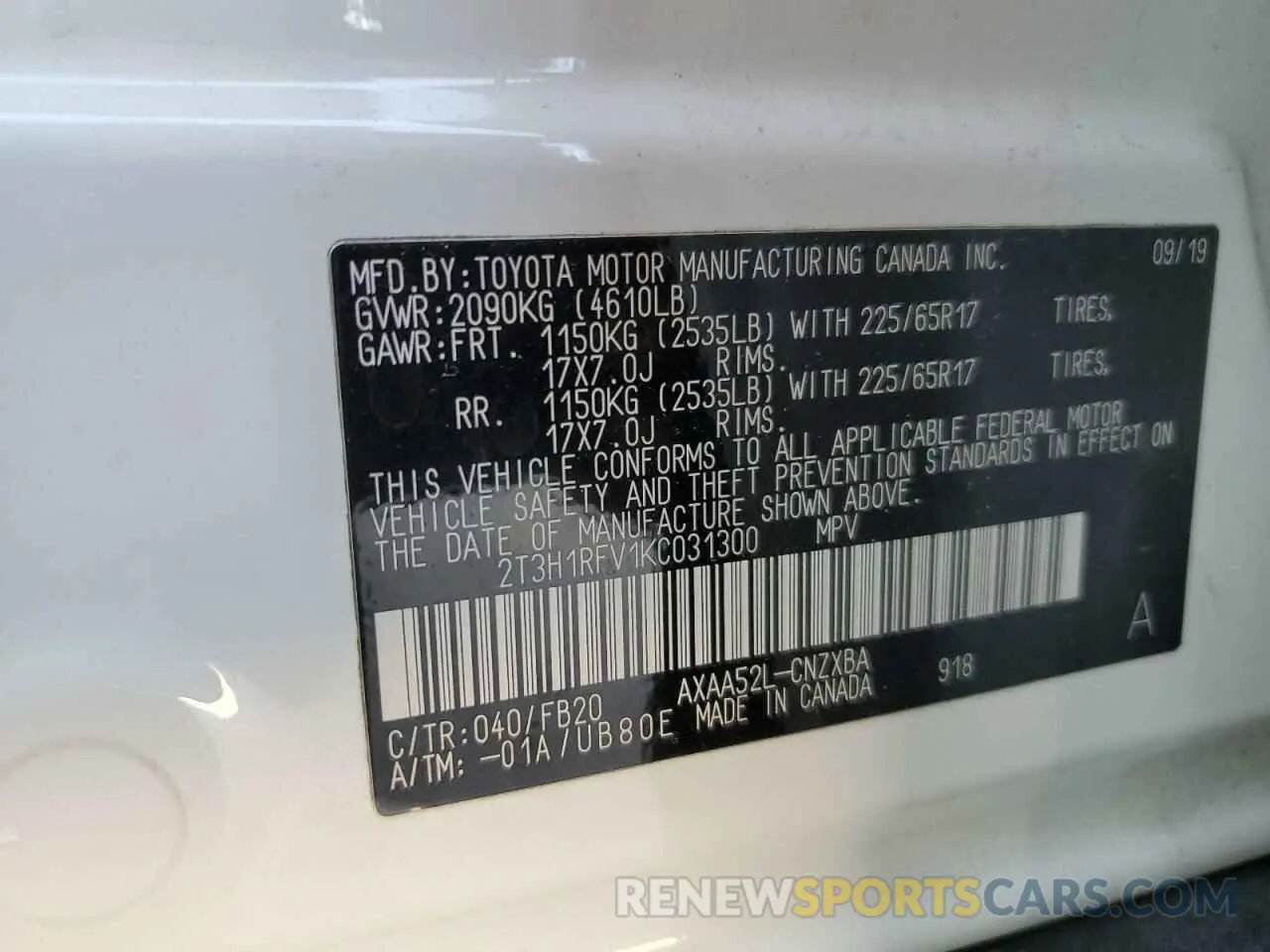 14 Photograph of a damaged car 2T3H1RFV1KC031300 TOYOTA RAV4 2019