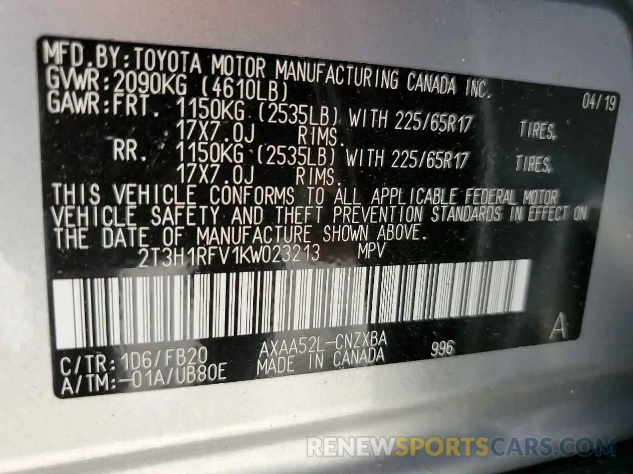 10 Photograph of a damaged car 2T3H1RFV1KW023213 TOYOTA RAV4 2019