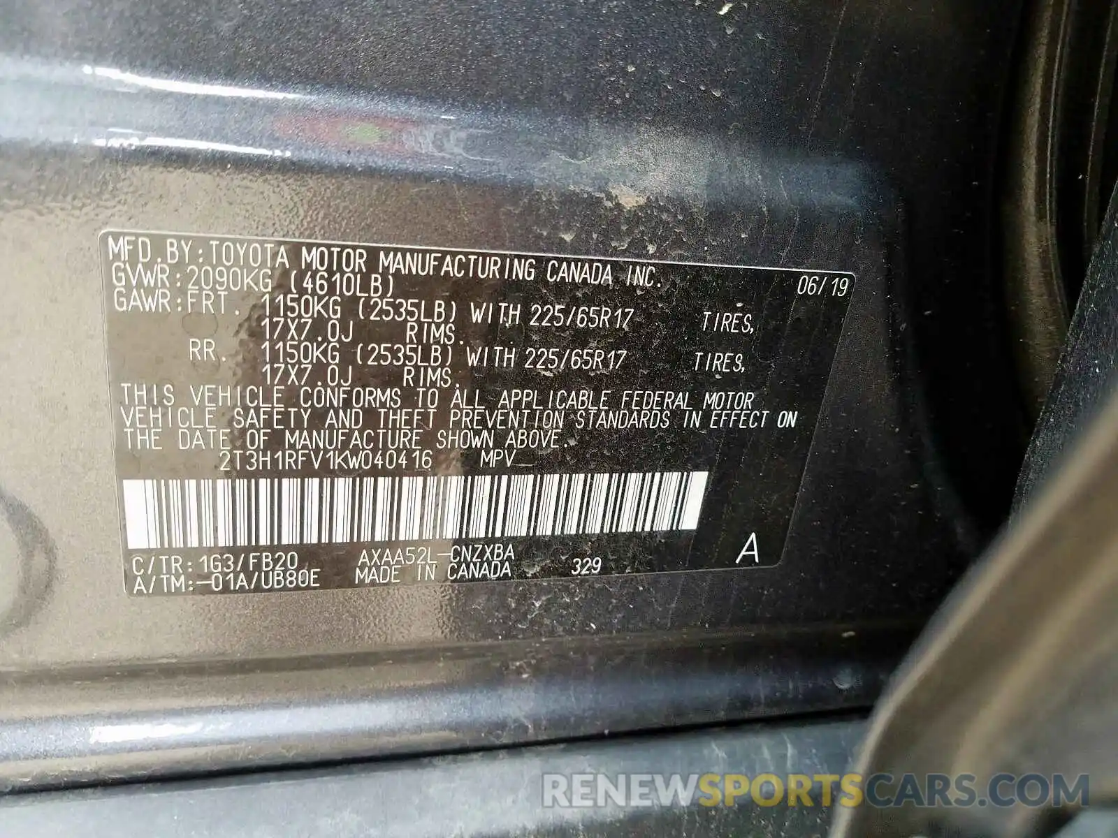 10 Photograph of a damaged car 2T3H1RFV1KW040416 TOYOTA RAV4 2019