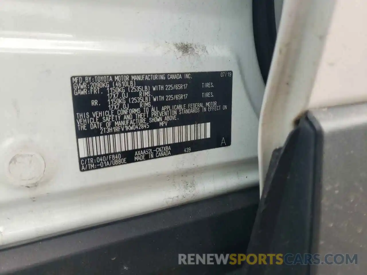 13 Photograph of a damaged car 2T3H1RFV1KW042845 TOYOTA RAV4 2019