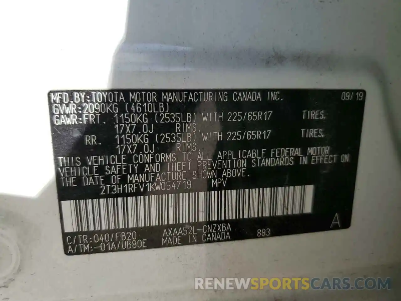 10 Photograph of a damaged car 2T3H1RFV1KW054719 TOYOTA RAV4 2019