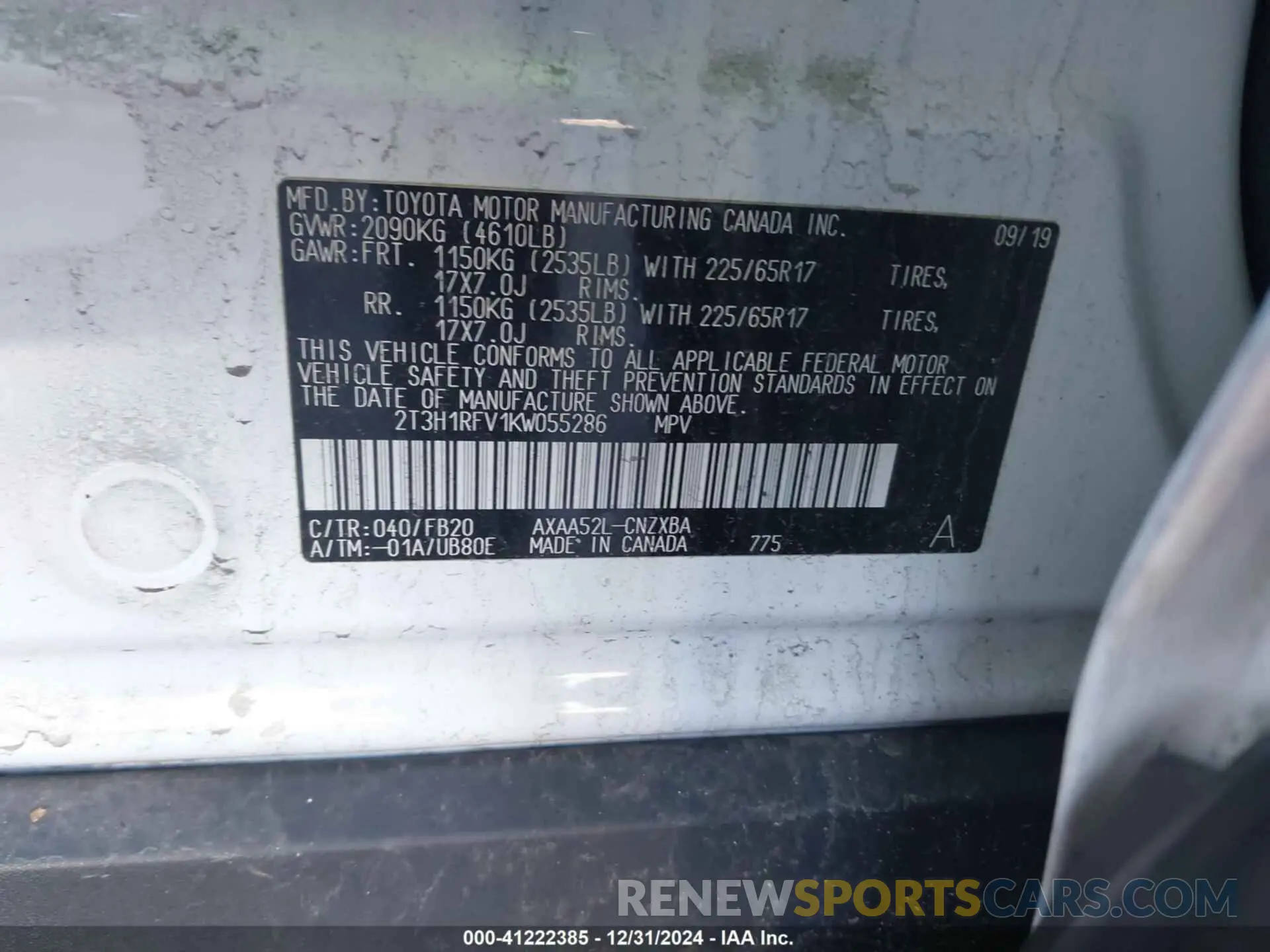 9 Photograph of a damaged car 2T3H1RFV1KW055286 TOYOTA RAV4 2019