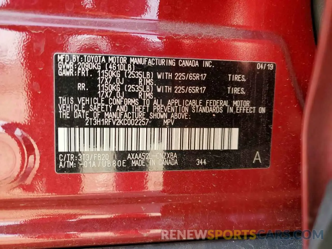 13 Photograph of a damaged car 2T3H1RFV2KC002257 TOYOTA RAV4 2019