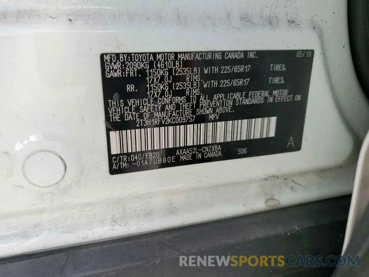 16 Photograph of a damaged car 2T3H1RFV2KC009757 TOYOTA RAV4 2019