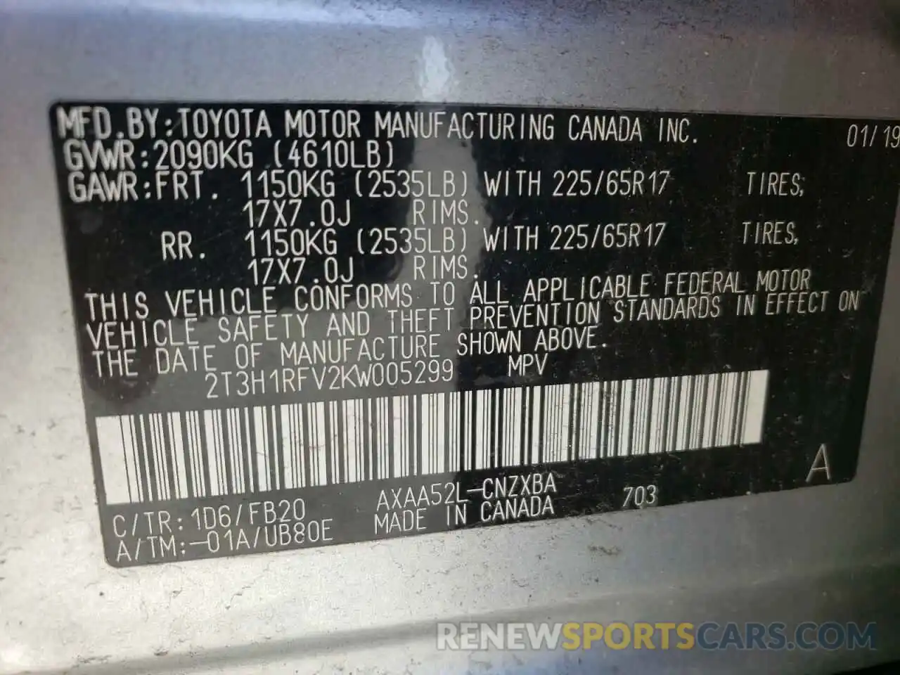 10 Photograph of a damaged car 2T3H1RFV2KW005299 TOYOTA RAV4 2019