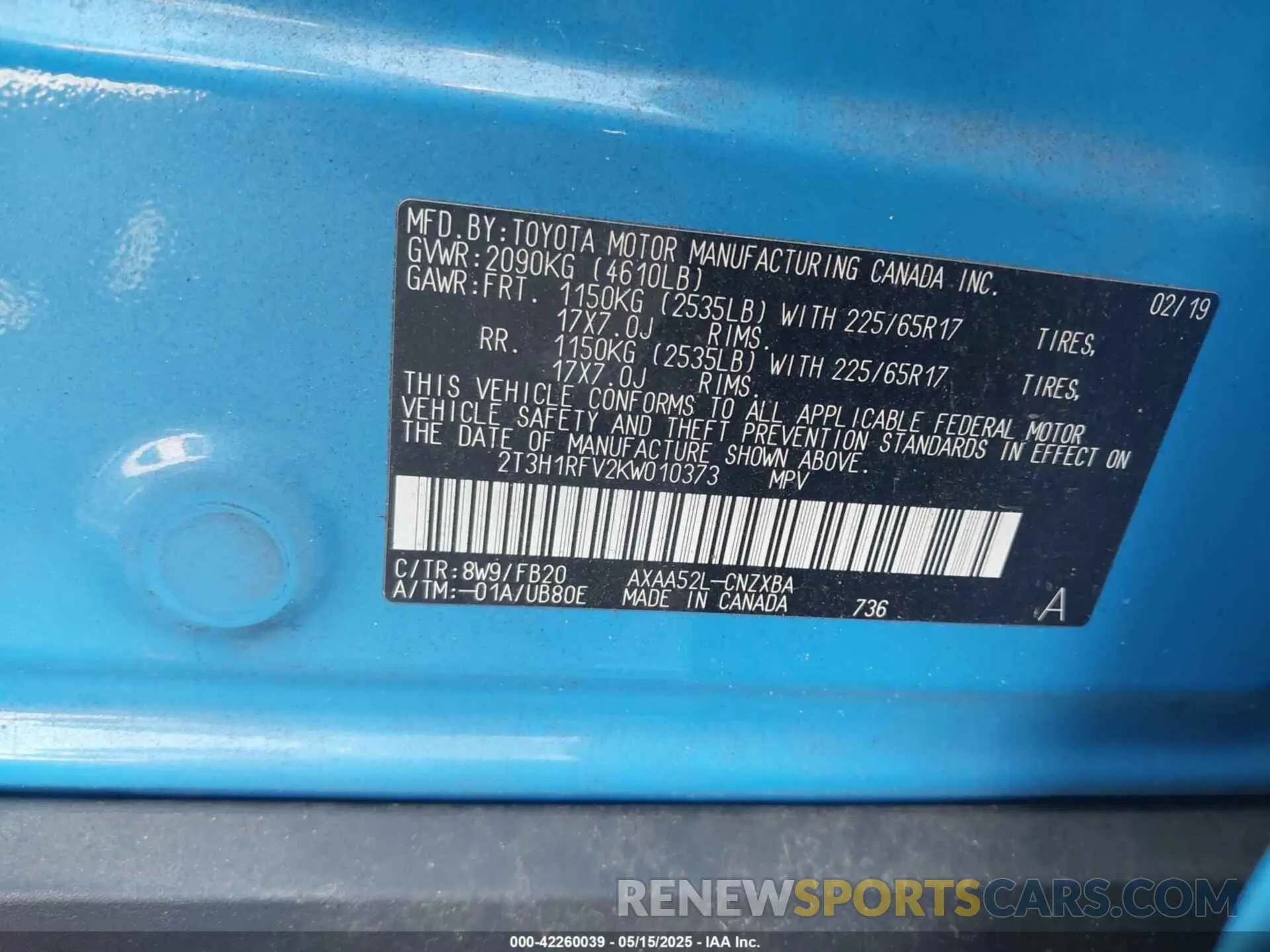 9 Photograph of a damaged car 2T3H1RFV2KW010373 TOYOTA RAV4 2019