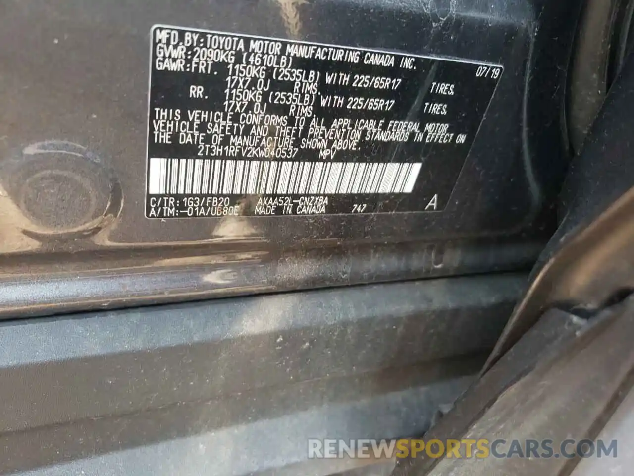 12 Photograph of a damaged car 2T3H1RFV2KW040537 TOYOTA RAV4 2019