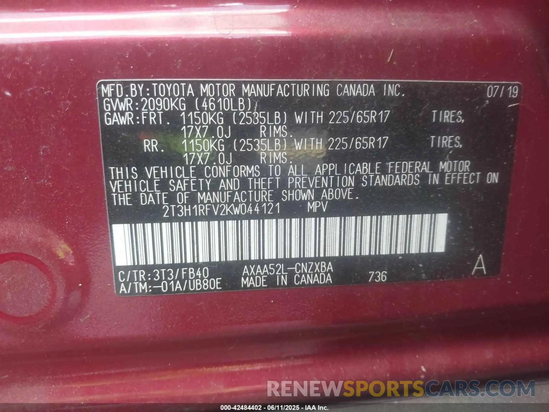 9 Photograph of a damaged car 2T3H1RFV2KW044121 TOYOTA RAV4 2019