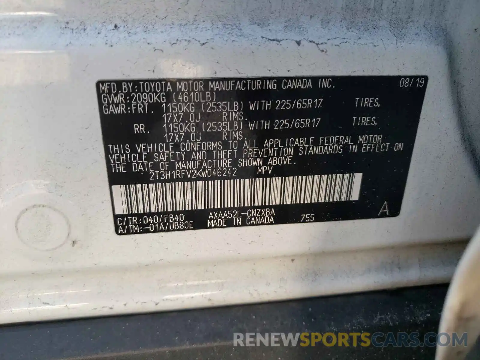 10 Photograph of a damaged car 2T3H1RFV2KW046242 TOYOTA RAV4 2019