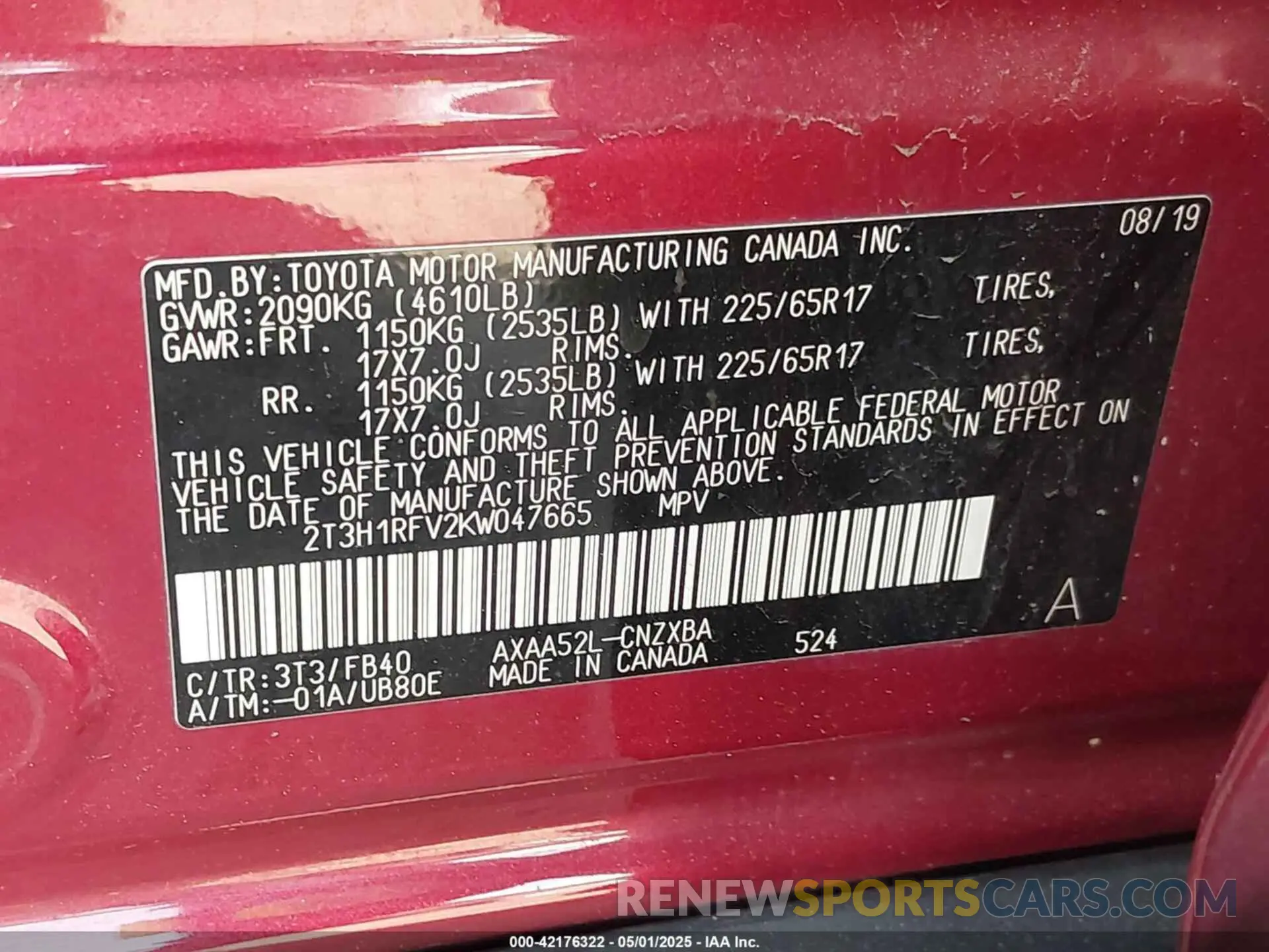 9 Photograph of a damaged car 2T3H1RFV2KW047665 TOYOTA RAV4 2019