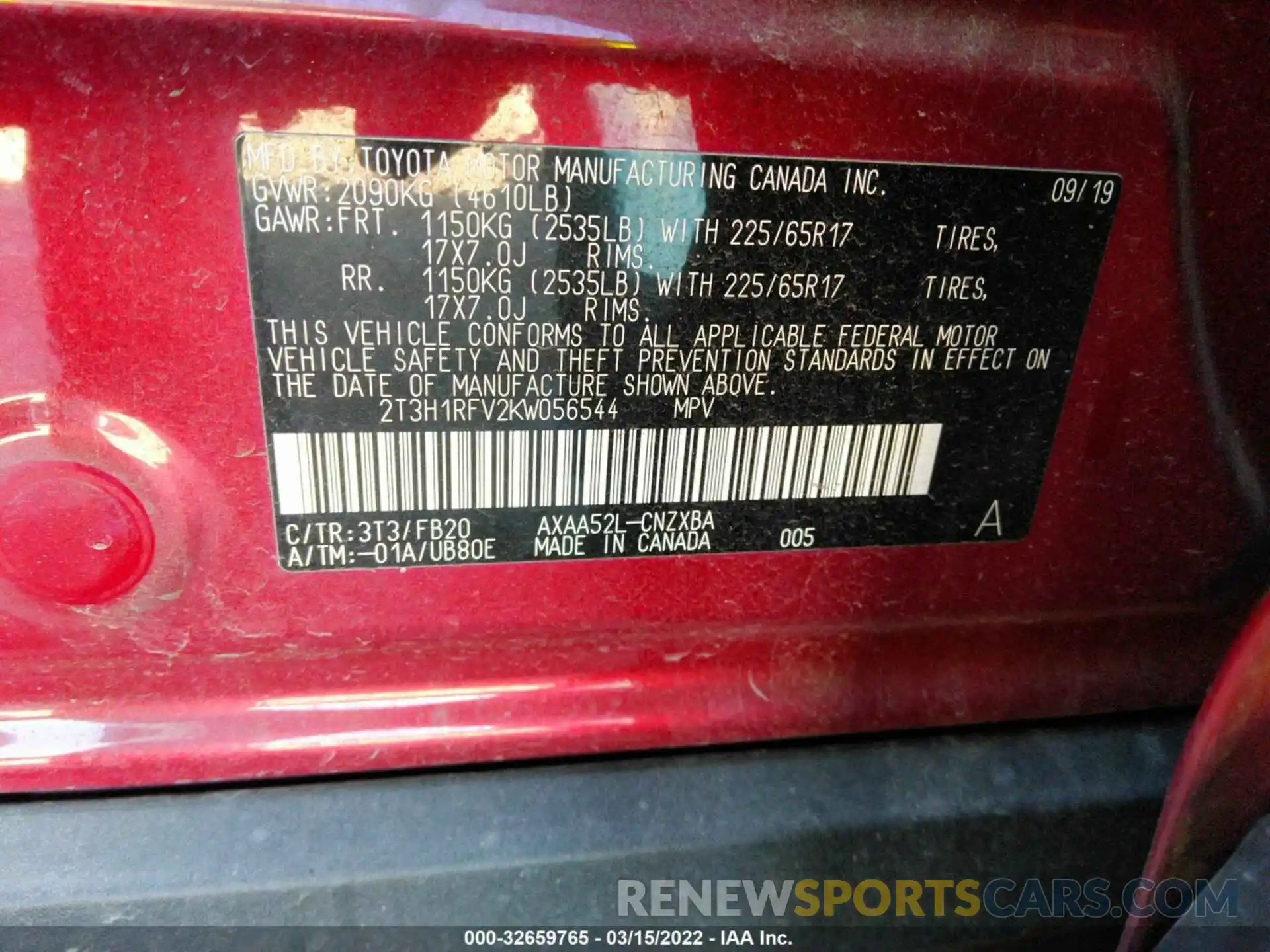 9 Photograph of a damaged car 2T3H1RFV2KW056544 TOYOTA RAV4 2019