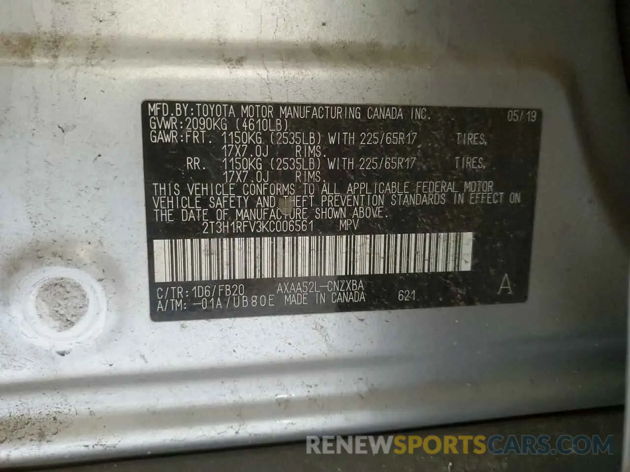 14 Photograph of a damaged car 2T3H1RFV3KC006561 TOYOTA RAV4 2019