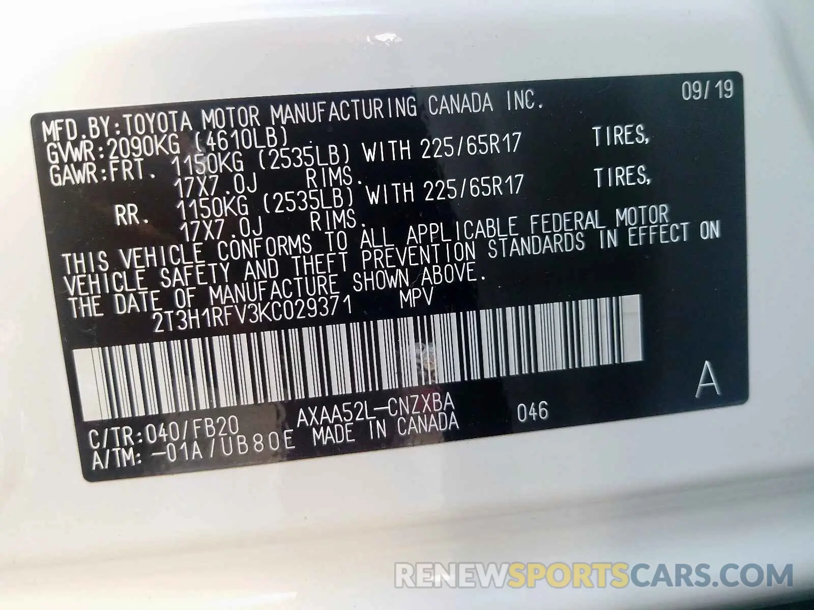 10 Photograph of a damaged car 2T3H1RFV3KC029371 TOYOTA RAV4 2019