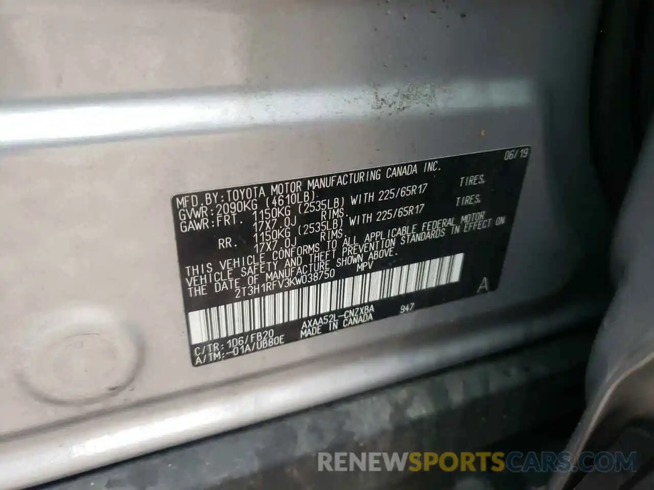 10 Photograph of a damaged car 2T3H1RFV3KW038750 TOYOTA RAV4 2019