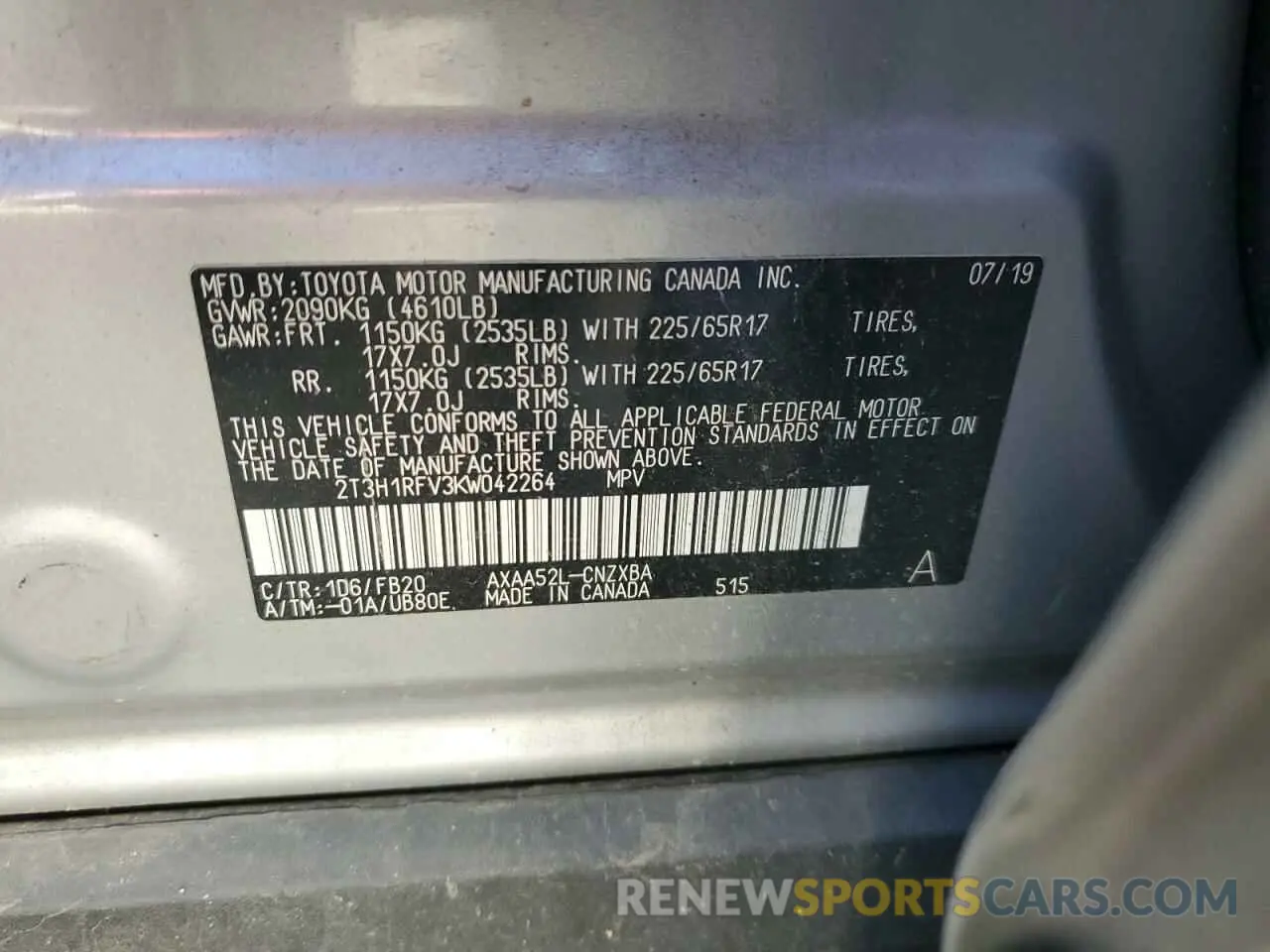 14 Photograph of a damaged car 2T3H1RFV3KW042264 TOYOTA RAV4 2019