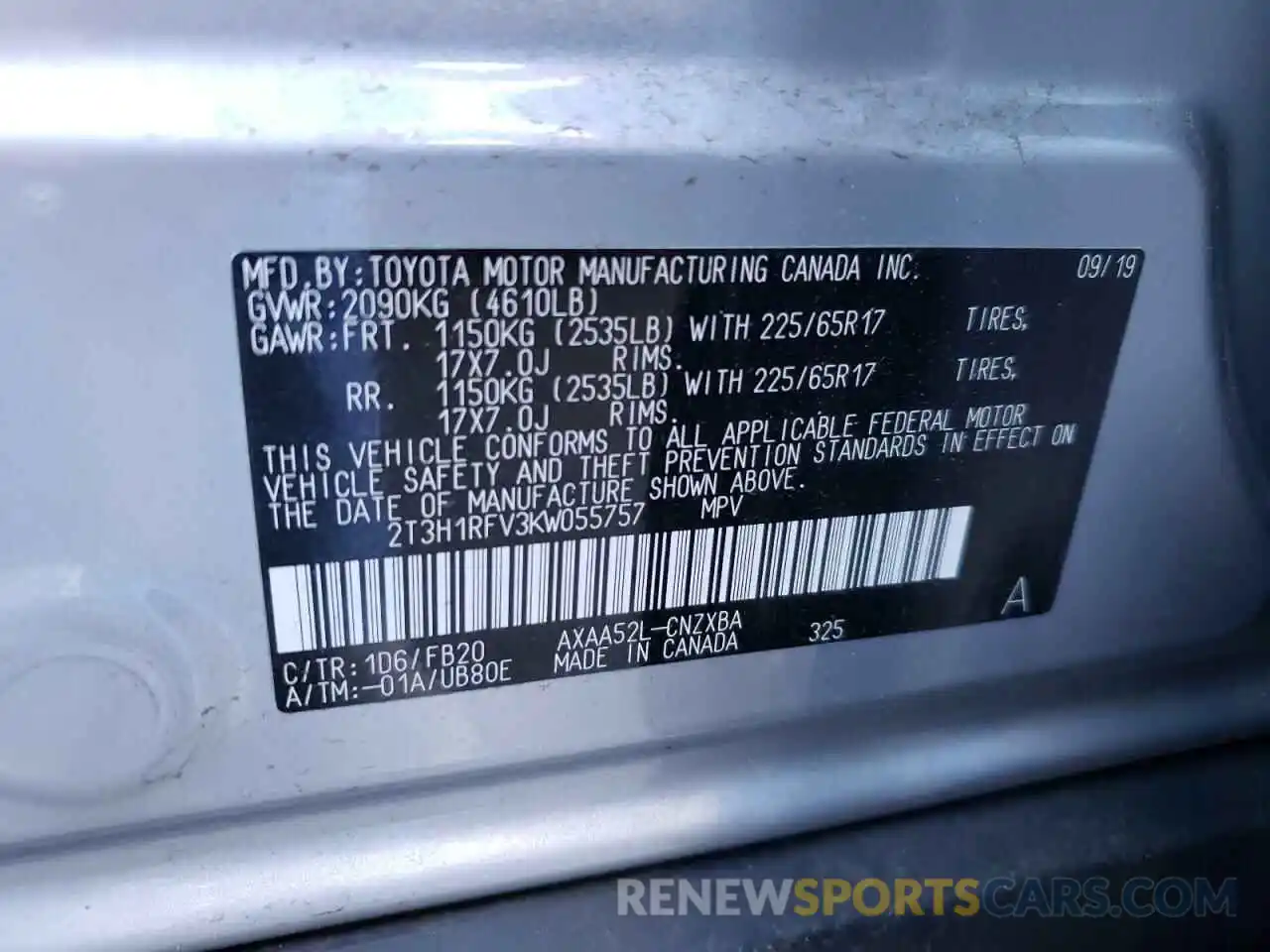 10 Photograph of a damaged car 2T3H1RFV3KW055757 TOYOTA RAV4 2019