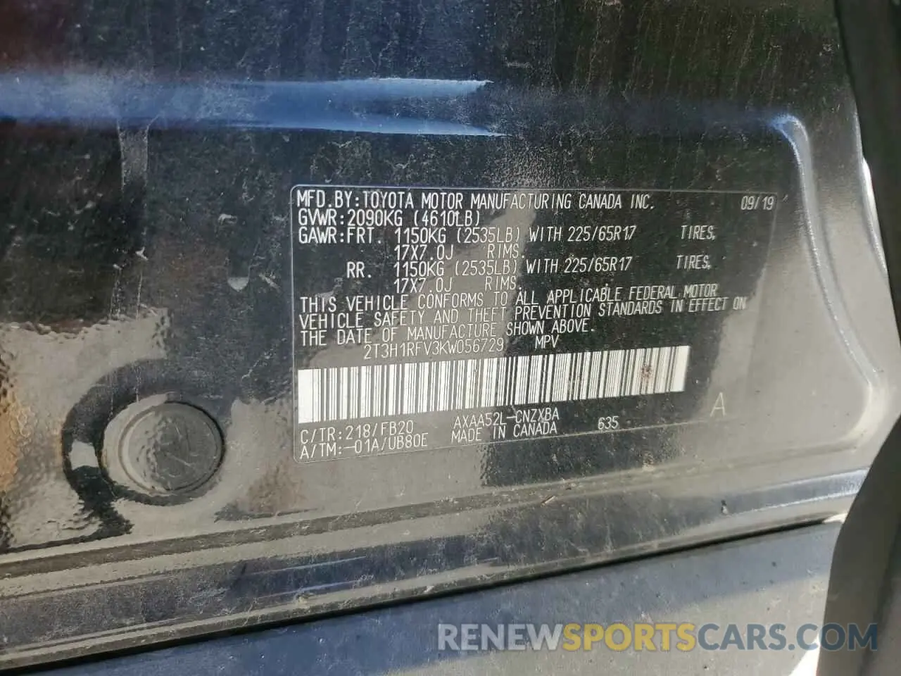 13 Photograph of a damaged car 2T3H1RFV3KW056729 TOYOTA RAV4 2019