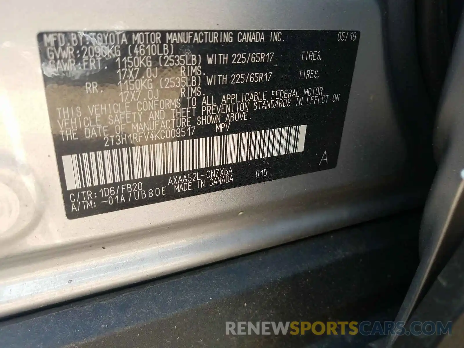 10 Photograph of a damaged car 2T3H1RFV4KC009517 TOYOTA RAV4 2019