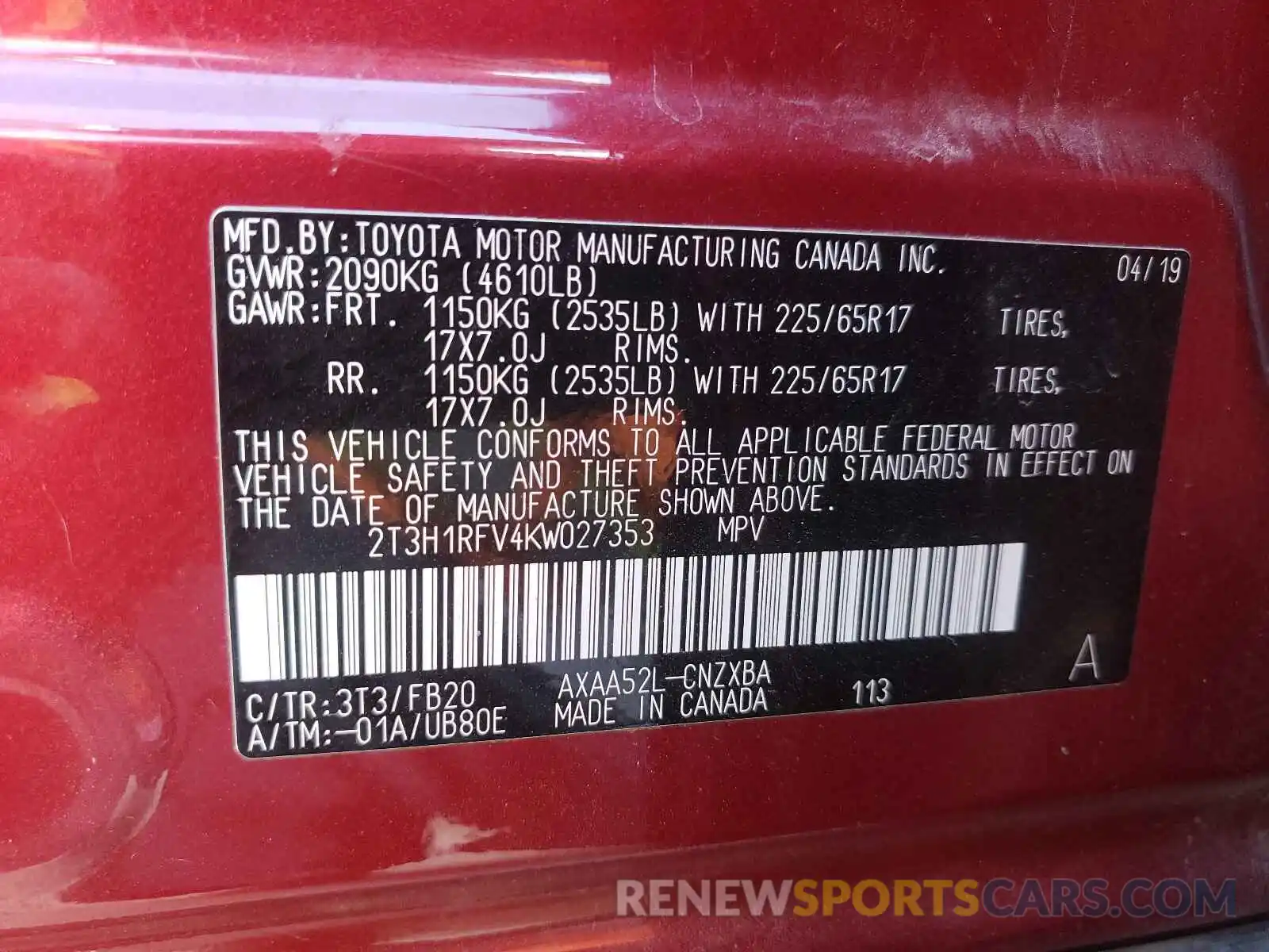 10 Photograph of a damaged car 2T3H1RFV4KW027353 TOYOTA RAV4 2019