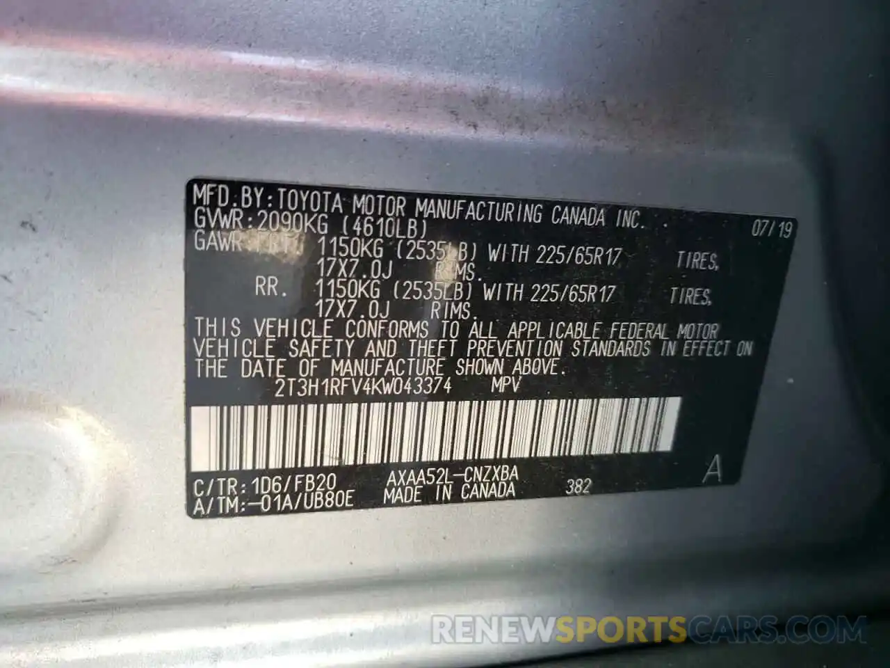 10 Photograph of a damaged car 2T3H1RFV4KW043374 TOYOTA RAV4 2019