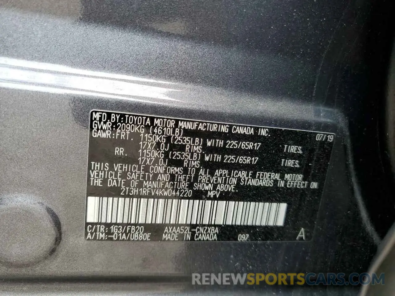 13 Photograph of a damaged car 2T3H1RFV4KW044220 TOYOTA RAV4 2019