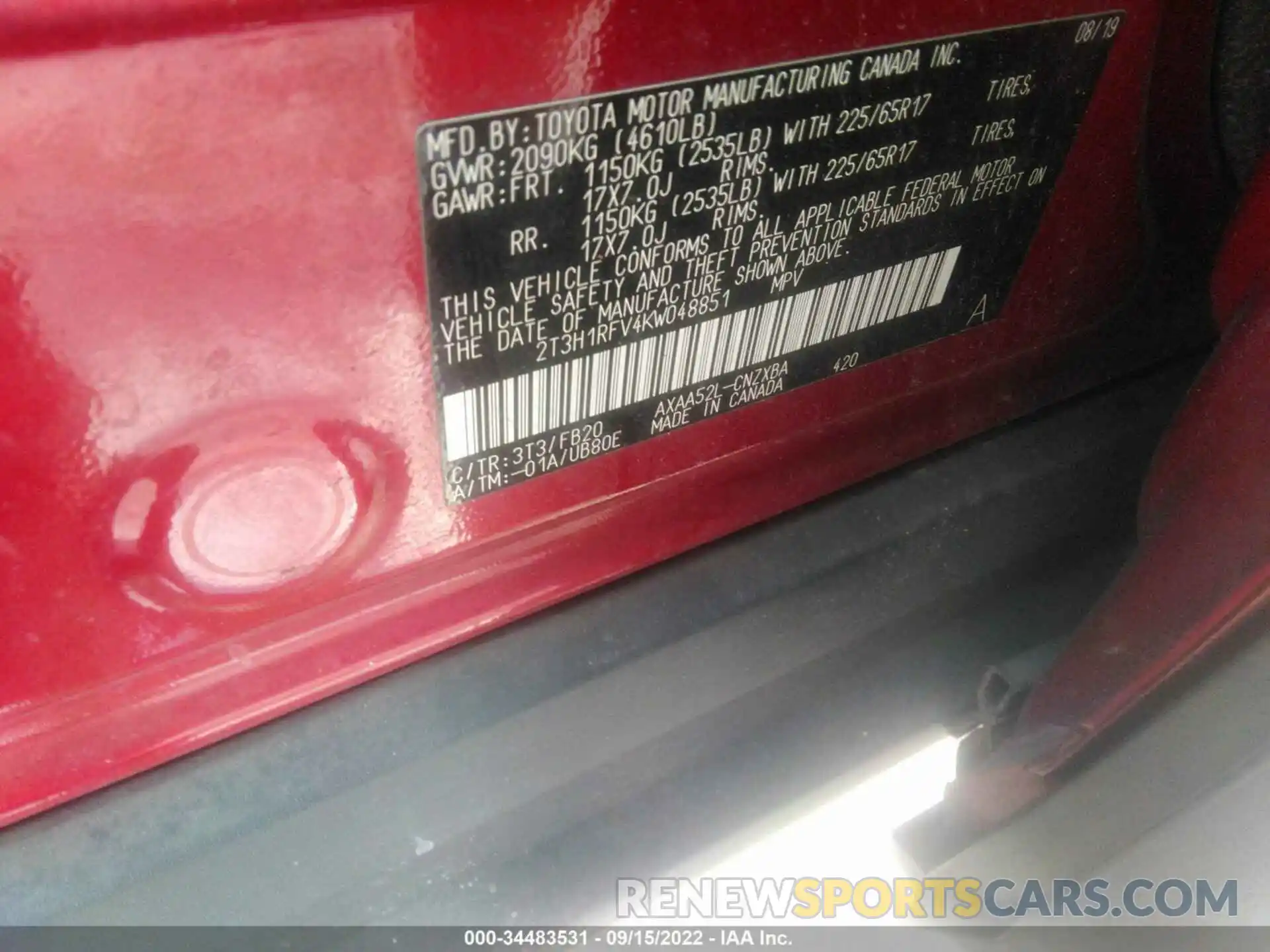 9 Photograph of a damaged car 2T3H1RFV4KW048851 TOYOTA RAV4 2019