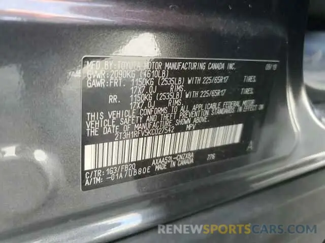 13 Photograph of a damaged car 2T3H1RFV5KC027542 TOYOTA RAV4 2019