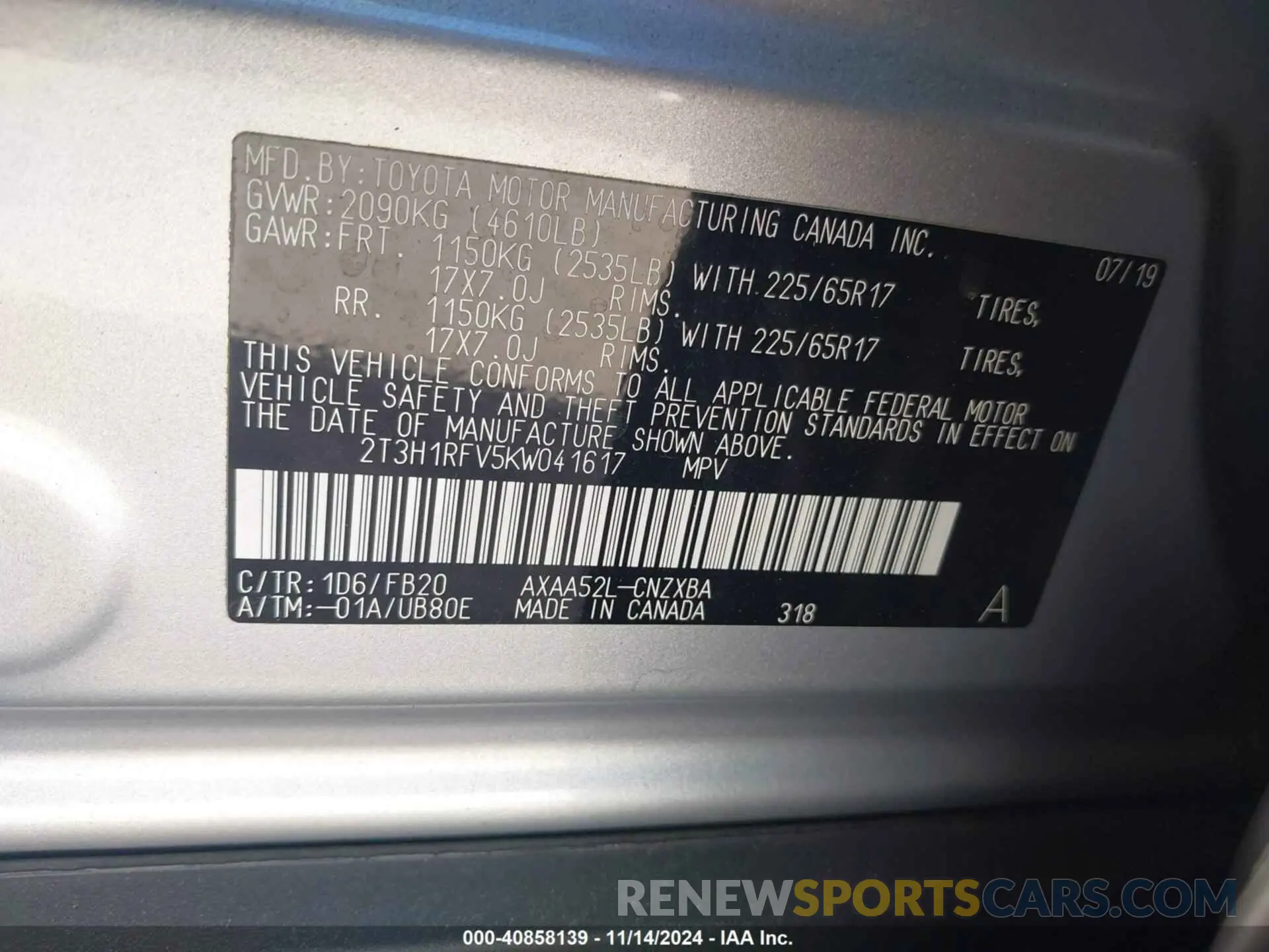 9 Photograph of a damaged car 2T3H1RFV5KW041617 TOYOTA RAV4 2019