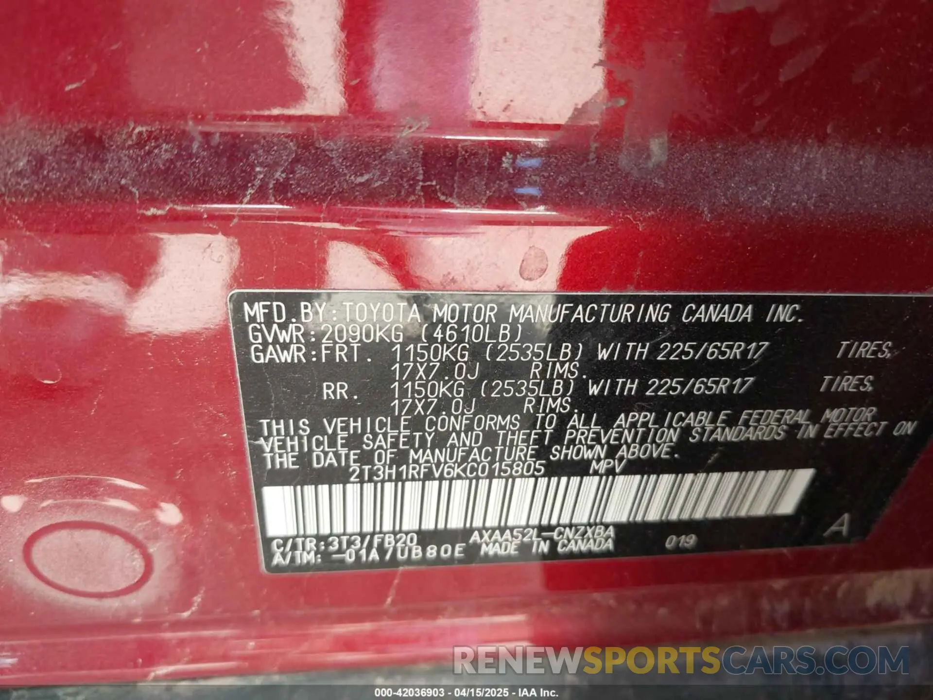 9 Photograph of a damaged car 2T3H1RFV6KC015805 TOYOTA RAV4 2019