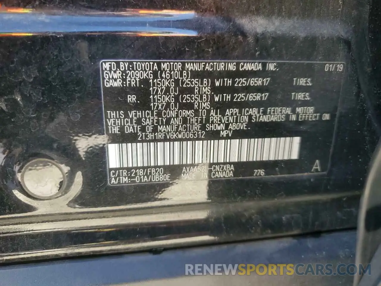 14 Photograph of a damaged car 2T3H1RFV6KW006312 TOYOTA RAV4 2019