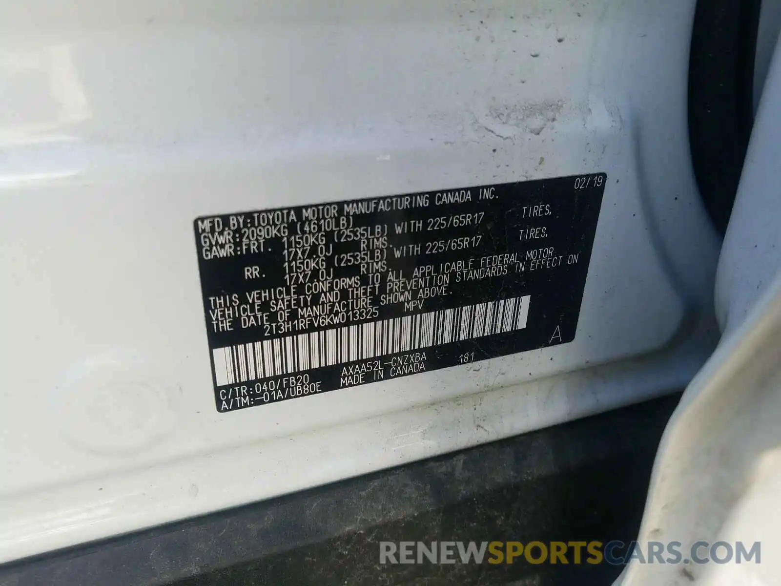 10 Photograph of a damaged car 2T3H1RFV6KW013325 TOYOTA RAV4 2019