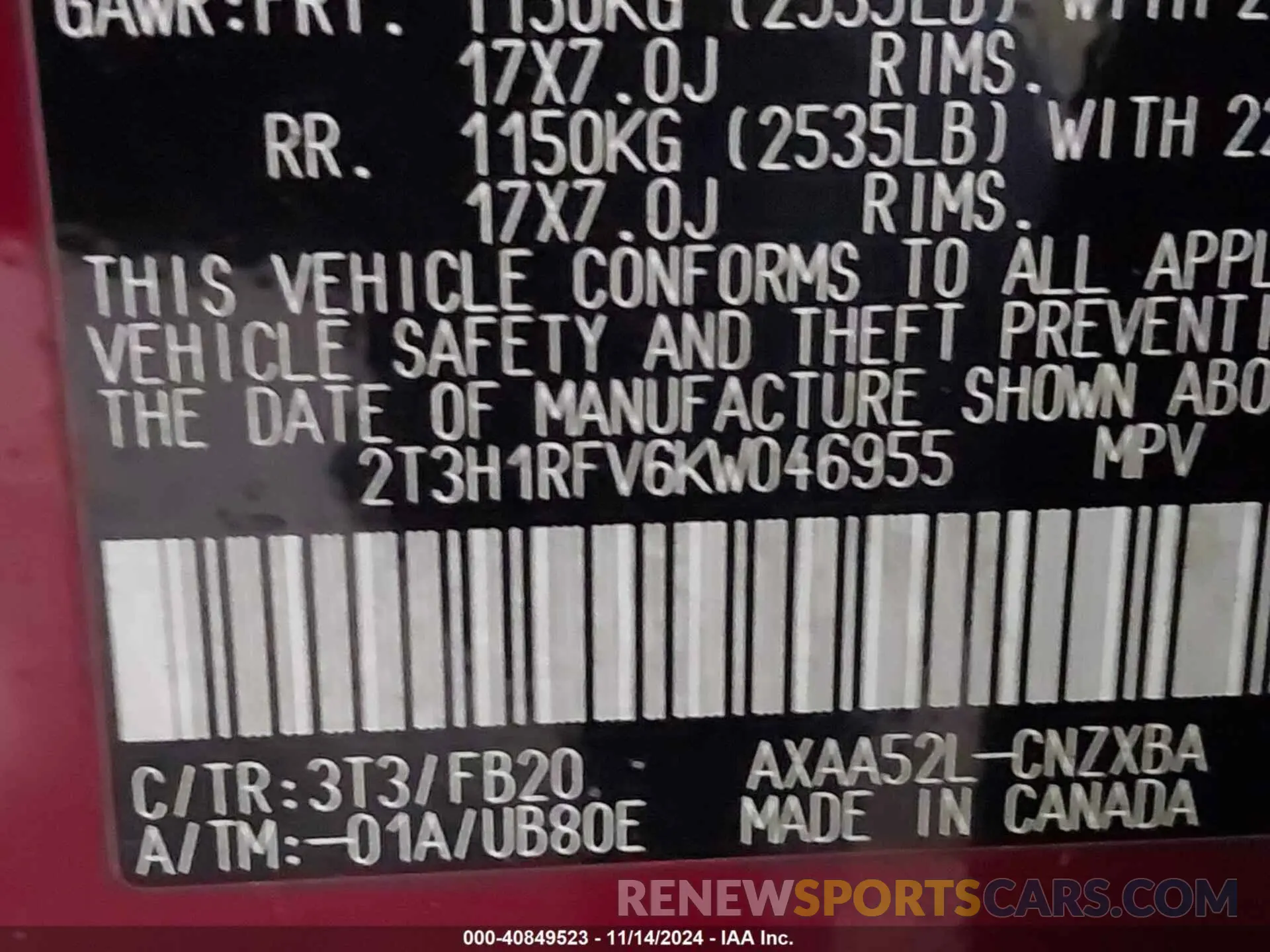 9 Photograph of a damaged car 2T3H1RFV6KW046955 TOYOTA RAV4 2019