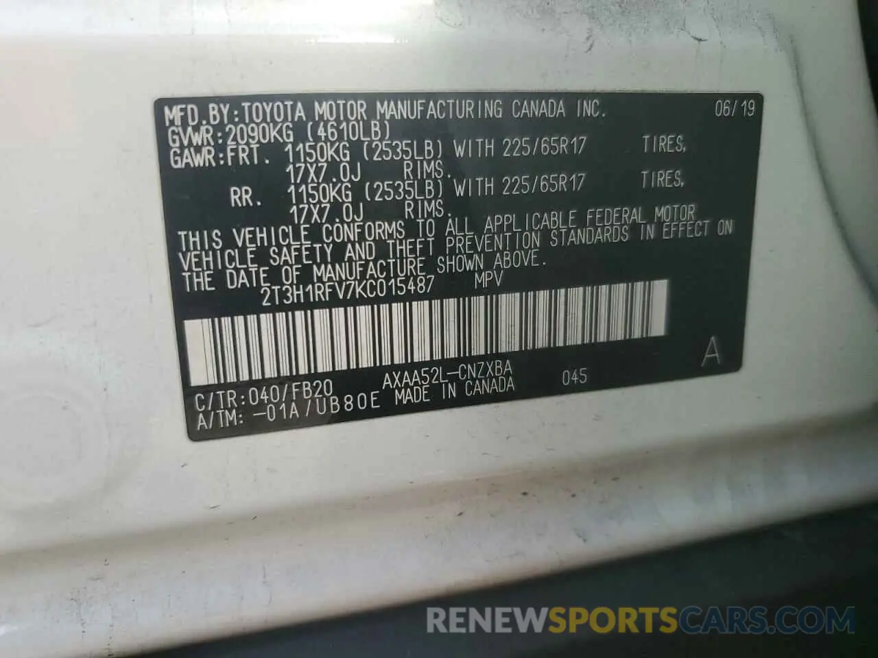 14 Photograph of a damaged car 2T3H1RFV7KC015487 TOYOTA RAV4 2019