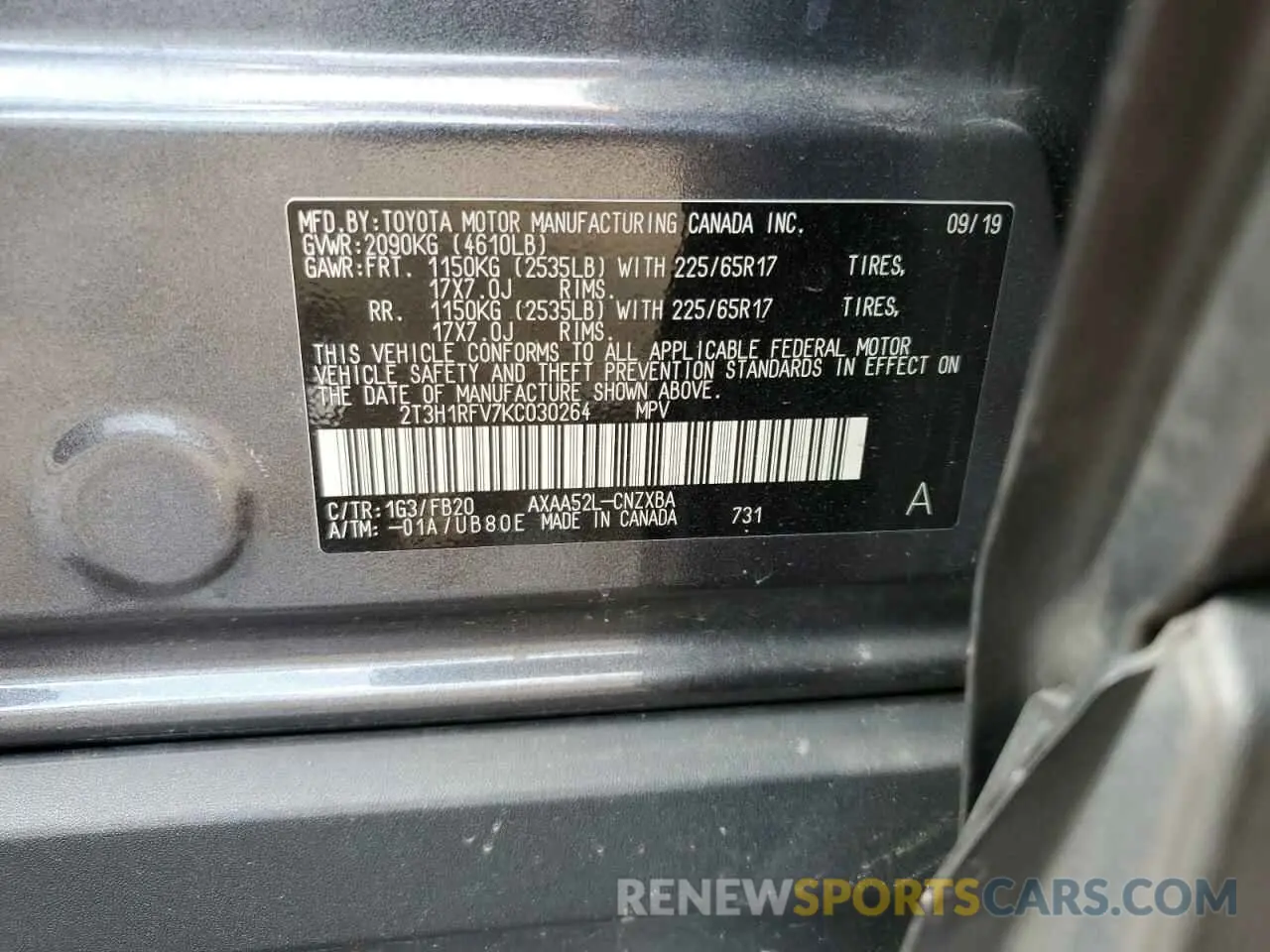13 Photograph of a damaged car 2T3H1RFV7KC030264 TOYOTA RAV4 2019