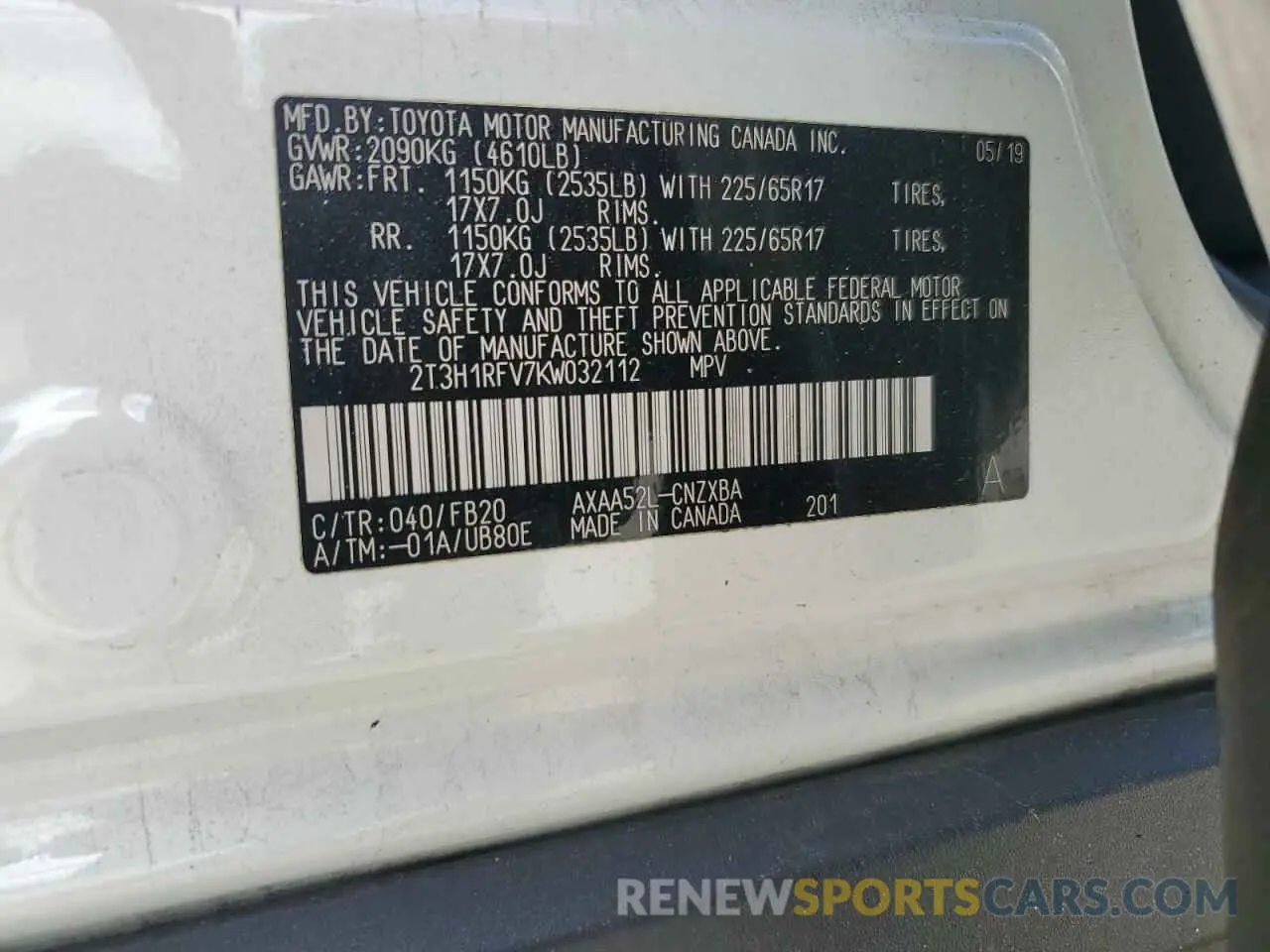 13 Photograph of a damaged car 2T3H1RFV7KW032112 TOYOTA RAV4 2019