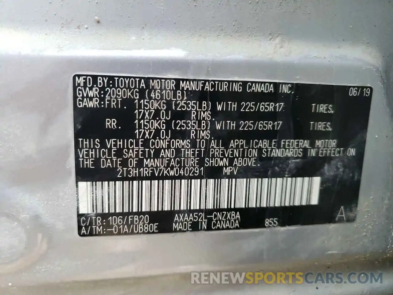 10 Photograph of a damaged car 2T3H1RFV7KW040291 TOYOTA RAV4 2019